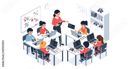 A teacher instructs students on coding, using laptops and robotic components in a classroom setting.