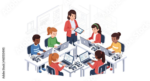 A teacher instructs a group of children using laptops and robotic components in a classroom setting.