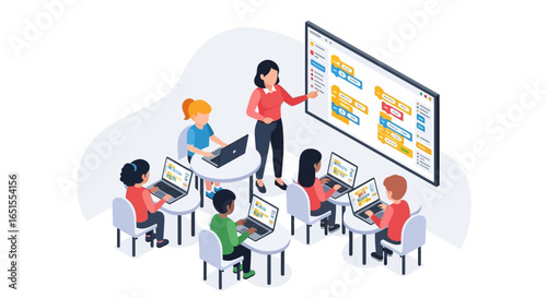 Teacher instructing children in a classroom setting, using laptops and a large screen to demonstrate coding concepts with colorful blocks.
