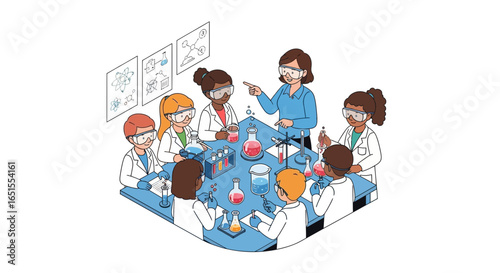 Cartoon illustration of a teacher guiding students in a science lab experiment, using beakers and flasks around a table.