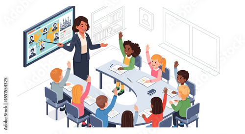 Teacher leads diverse classroom discussion, students actively participate, interactive learning.