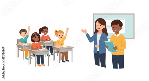 Classroom scene with students raising hands and teacher instructing near a whiteboard.