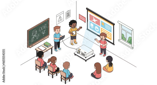 Elementary school children in a classroom, presenting a project using a projector.