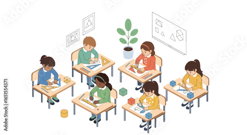 Diverse young students in a classroom setting, engaged in creative art and geometry lessons for early development.