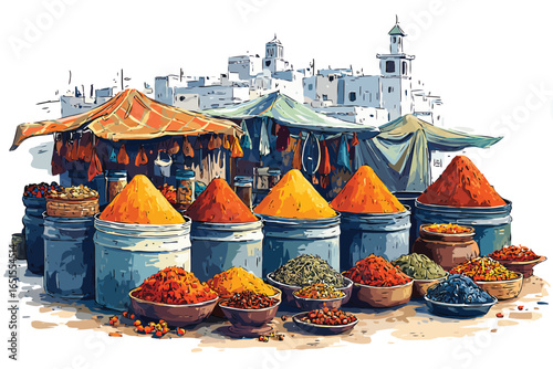 Bustling Moroccan Street Market with Spices and isolated