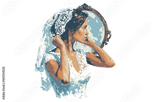 Bride adjusting veil while looking in antique isolated