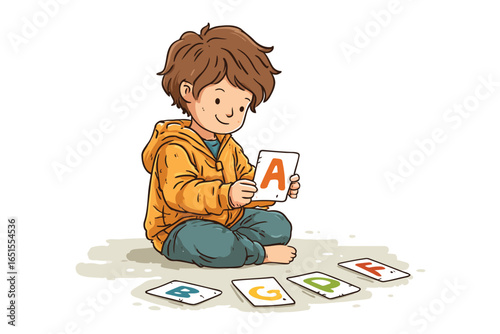 Toddler learning alphabet with cards isolated