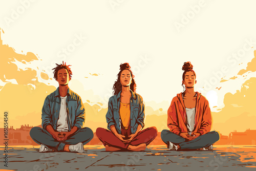 Group of friends in lotus meditation posture on a r 21fd07cf-0ec4-4cfa-a1b6-069dff1cc78d isolated