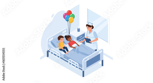 Nurse caring for two children in a hospital room, balloons present.