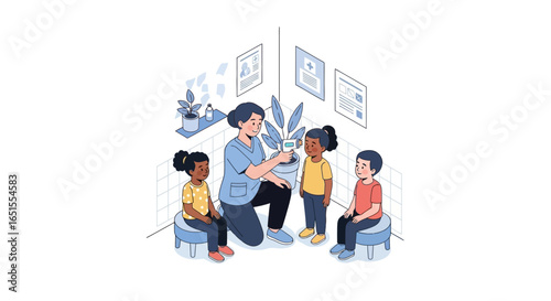 A healthcare professional examining three children in a brightly lit, clean room with plants.
