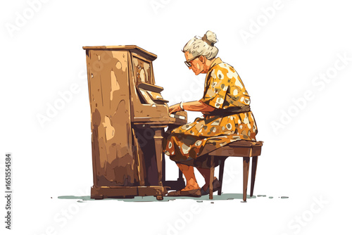Elderly woman playing piano isolated