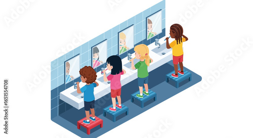 Four children of diverse ethnicities stand on stools brushing their teeth in a brightly lit, tiled bathroom with multiple sinks and mirrors.
