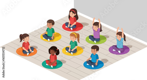 A group of children are sitting in a circle on colorful mats, some with arms raised, in a bright, indoor space.