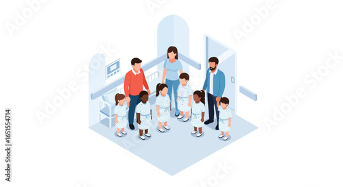 Isometric illustration of a diverse family group with children in a light-colored room.