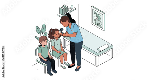 Doctor examining a young girl's ears in a clinic, with a sibling present.