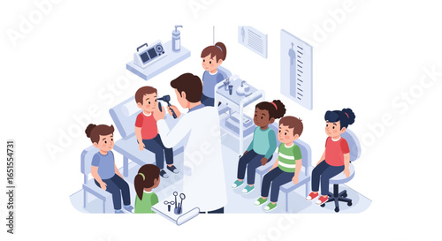 Pediatrician examining a child's ears, surrounded by other young patients waiting in a brightly lit clinic.