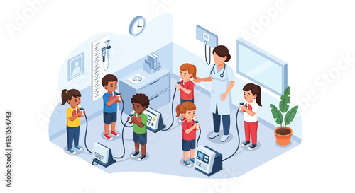 Monitoring Youth Wellness Isometric view of a doctor conducting a group lung function test on schoolchildren in an examination room.