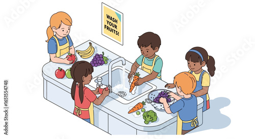 Children washing fruits and vegetables at a sink, preparing food in a kitchen setting.
