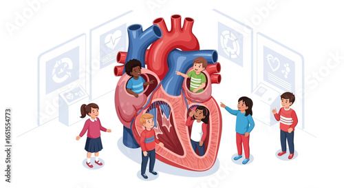 Children exploring a giant anatomical heart model, learning about its internal structures and functions.