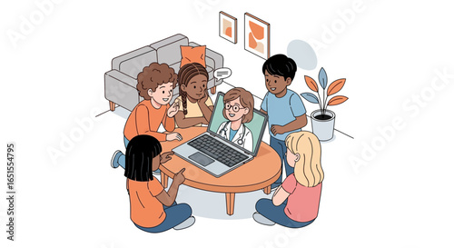 A group of children sit around a table, having a video call with a doctor on a laptop in a living room setting.