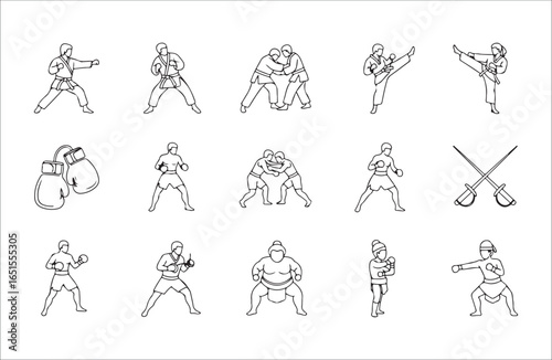 Outline icons of martial arts and combat sports on white background karate judo