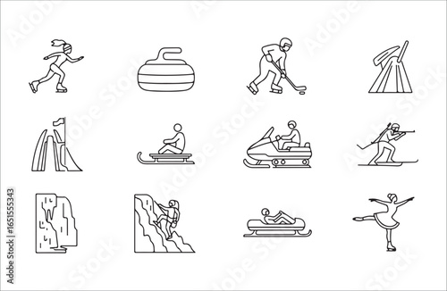 Outline icons of winter and summer sports activities on white background ice skating curling