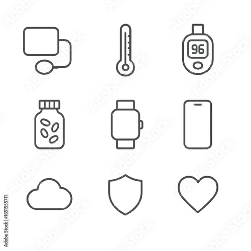 Minimalist health and technology icons in monochrome style