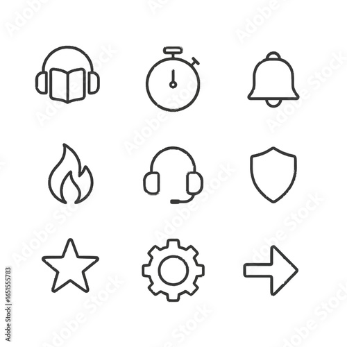 Minimalist icon set featuring book, timer, bell, fire, headphones, shield, star, gear, and arrow