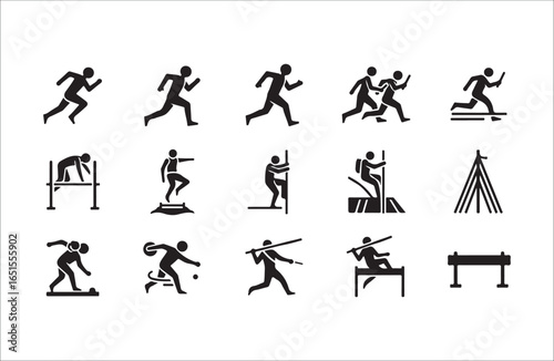Track and field athletics icons showing running hurdles pole vault discus and team relay