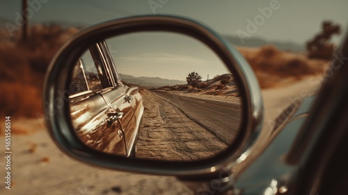 Car mirror reflects desert road and mountains on vintage vehicle's side