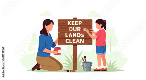 A mother and her daughter paint a wooden sign together with the message 'Keep Our Lands Clean' to promote environmental awareness.