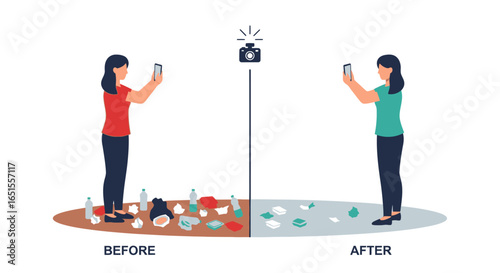 A visual comparison showing a woman documenting the transformation from a littered area to a clean space.