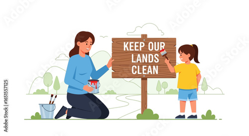 A mother and daughter painting a wooden sign with the message "Keep Our Lands Clean" in a scenic outdoor setting.