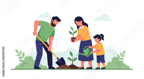 Family planting a tree together in a garden, promoting environmental sustainability and care.
