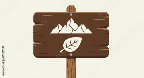 Wooden signpost with a mountain range and leaf icon, suggesting nature or outdoor activities.