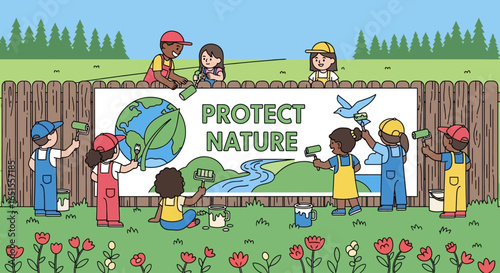A diverse group of children painting a large 'Protect Nature' mural on a wooden fence outdoors.