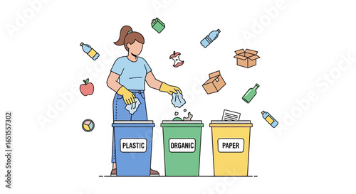 A woman sorting waste into recycling bins, promoting environmental responsibility and waste management.