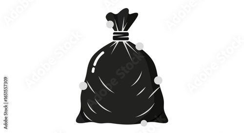 A black garbage bag, tied at the top, with reflective highlights, isolated on white.