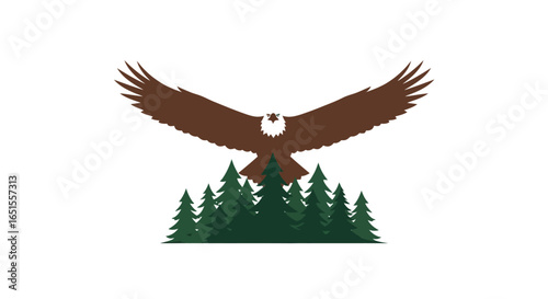Graphic illustration of a brown eagle with outstretched wings flying above a cluster of green evergreen trees, set against a white background.