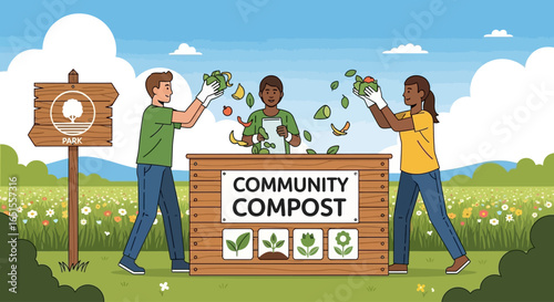 Three people are composting in a garden, adding green waste to a wooden compost bin labeled "Community Compost" with plant icons. A sign with a tree symbol stands nearby.