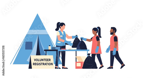 Volunteers collect trash and register new participants at a tent during a community cleanup event, promoting environmental awareness and civic engagement.