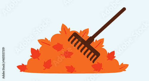 Illustration of a pile of orange autumn leaves with a brown rake resting on top, against a light blue background.