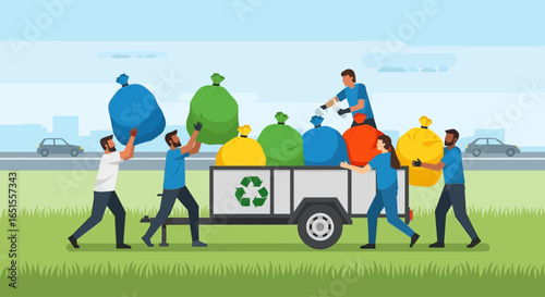A group of people load colorful garbage bags onto a trailer with a recycling symbol, with a cityscape and cars in the background, promoting environmental awareness.