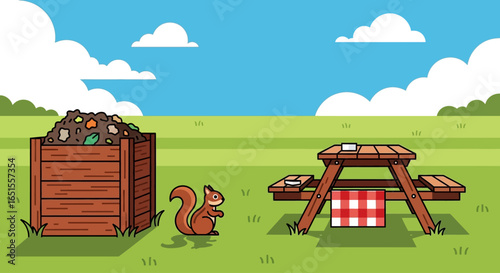 A cartoon depiction of a compost bin, a squirrel, and a picnic table in a grassy park setting.