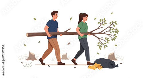 A man and a woman carry tree branches and logs, walking past tree stumps and a garbage bag, symbolizing environmental conservation.