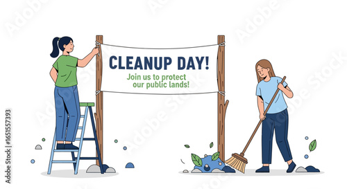 Two women volunteer for Cleanup Day, hanging a banner and sweeping litter.