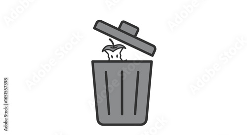 A bitten apple core discarded in a gray trash can.
