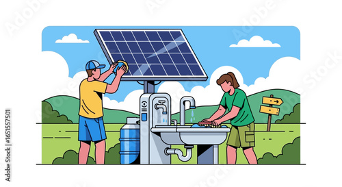 Two people are setting up and using a portable solar-powered water station in an outdoor setting with rolling hills and a blue sky.