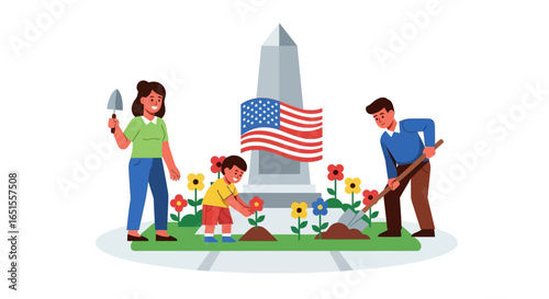 A family lovingly tends to a memorial garden with flowers and an American flag, symbolizing remembrance and community spirit.