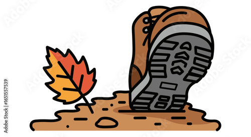 A sturdy brown hiking boot stepping onto damp earth next to a fallen autumn leaf.